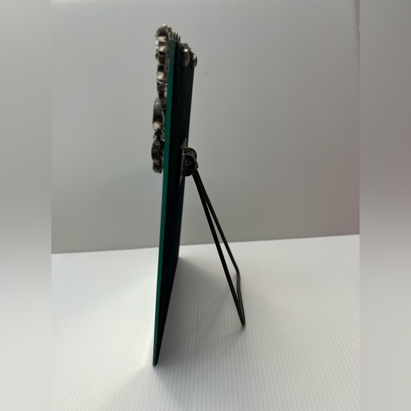 Beveled vanity mirror, with metal stand, Gold floral decorative top border. - Picture 4 of 5